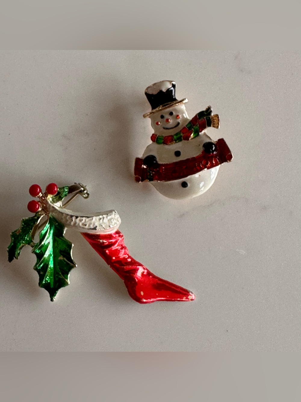 Vintage Holiday Enamel Brooch Set - Festive Stocking and Snowman